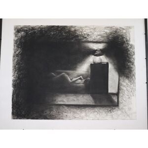 Original Charcoal Drawing Figurative Surreal Art Large 18x23.5 Framed OOAK